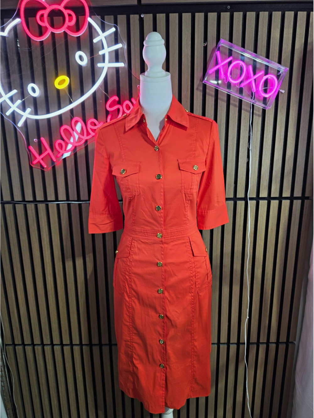 Tory Burch Orange Solid Shirt Dress 0 3/4 Sleeve Collared Button Knee Pockets
